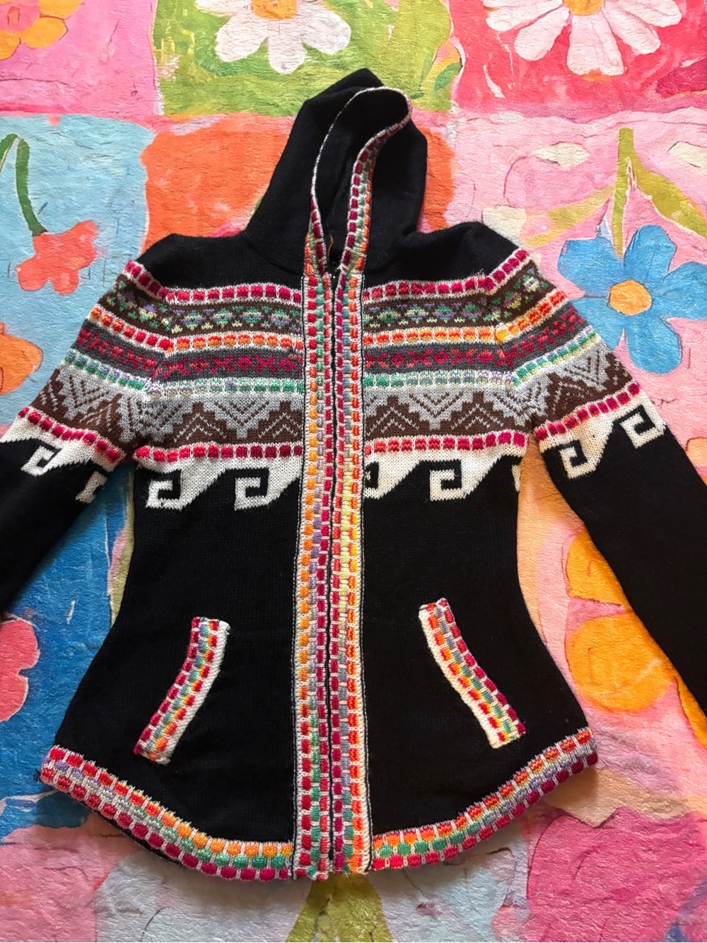 Vintage Peruvian Hooded Zip Cardigan - Soft Alpaca Wool Blend Feel Boho S/M